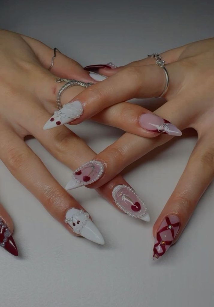 Coquette nails with cherry designs