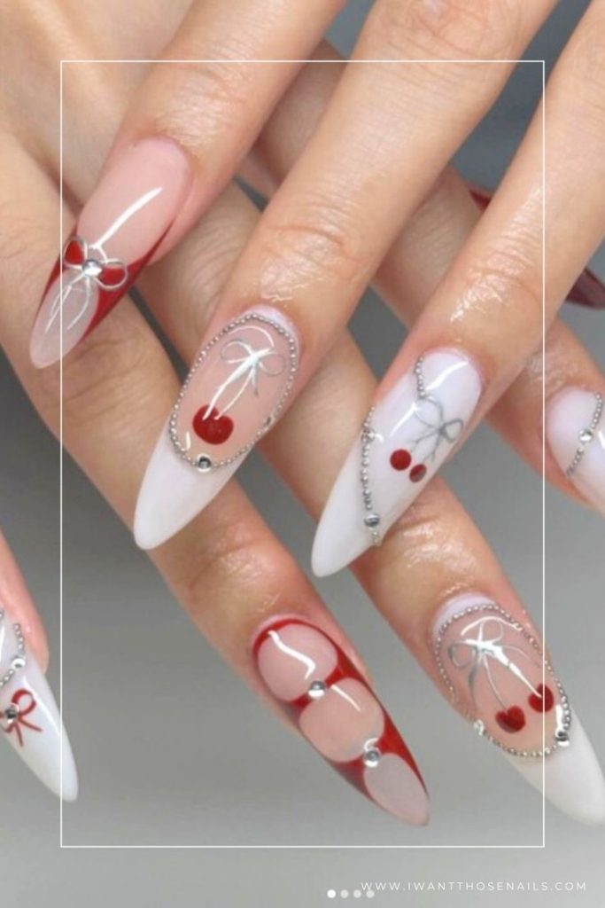bow nails with cherry designs