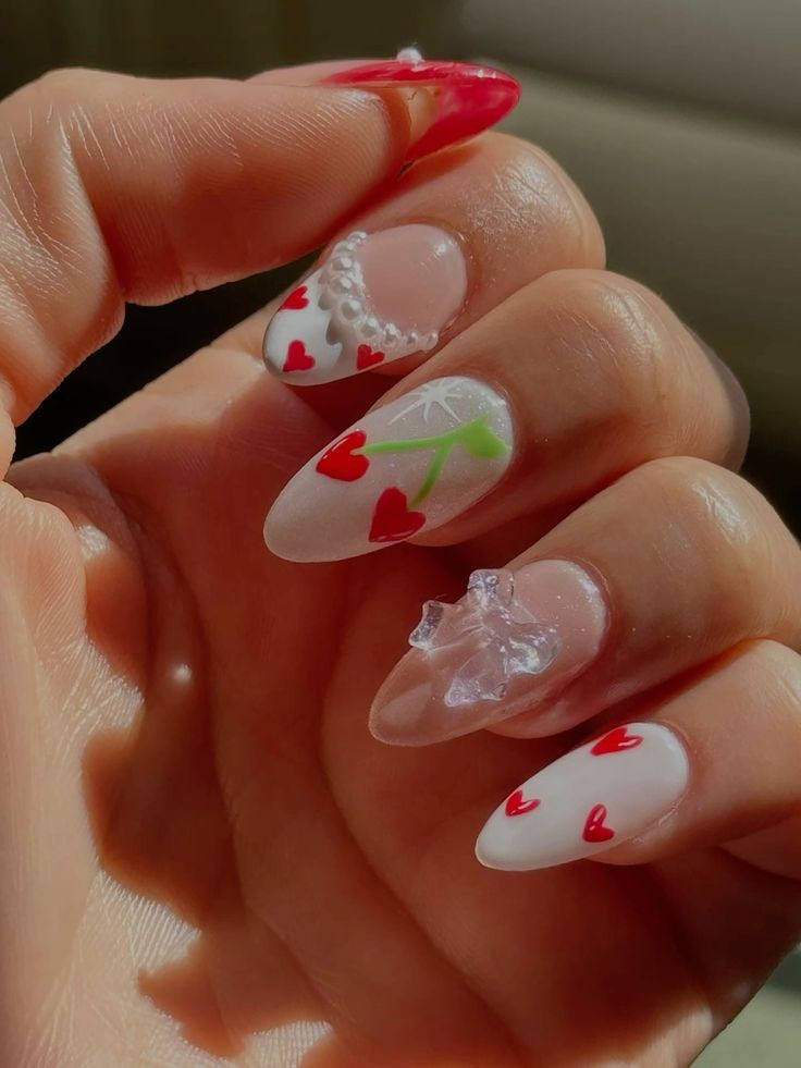 french tips nails with cherry designs