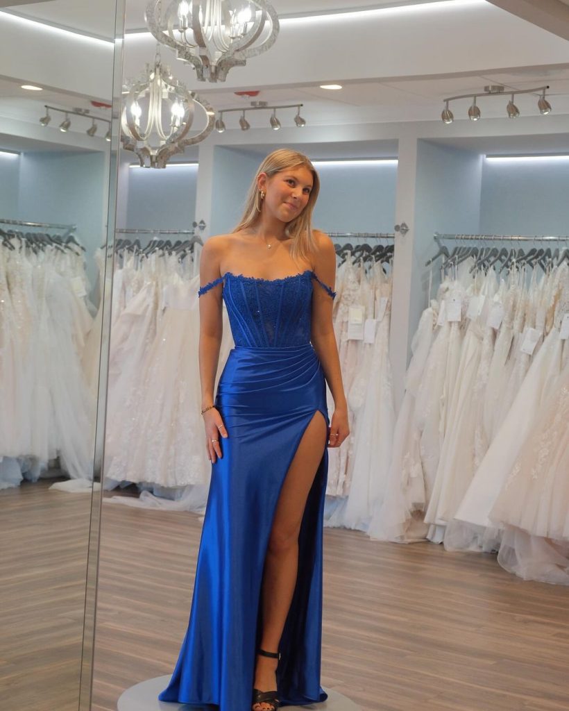 royal blue satin slit prom dress ideas