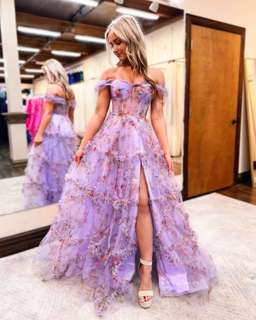 pink floral layered train prom dress ideas