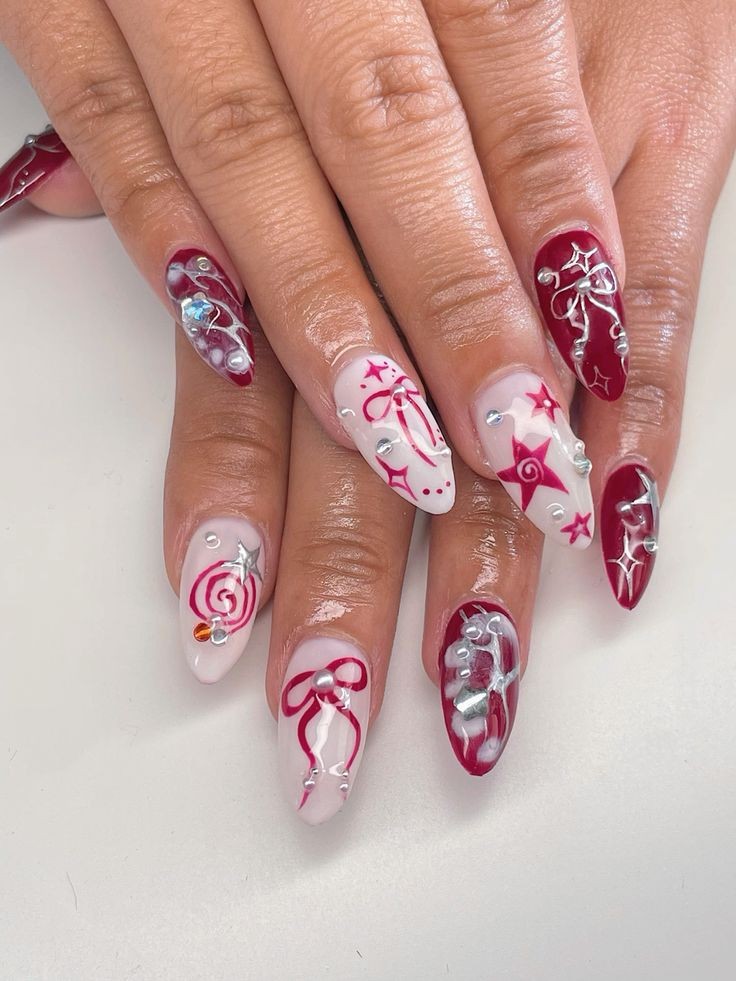 almond Coquette nails with cherry designs