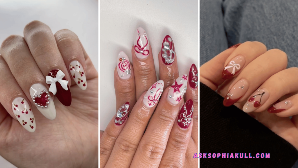 Coquette cherry nails, bow nails with cherry designs