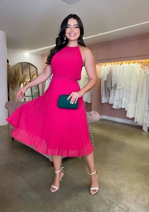 Fuchsia dress with white shoes