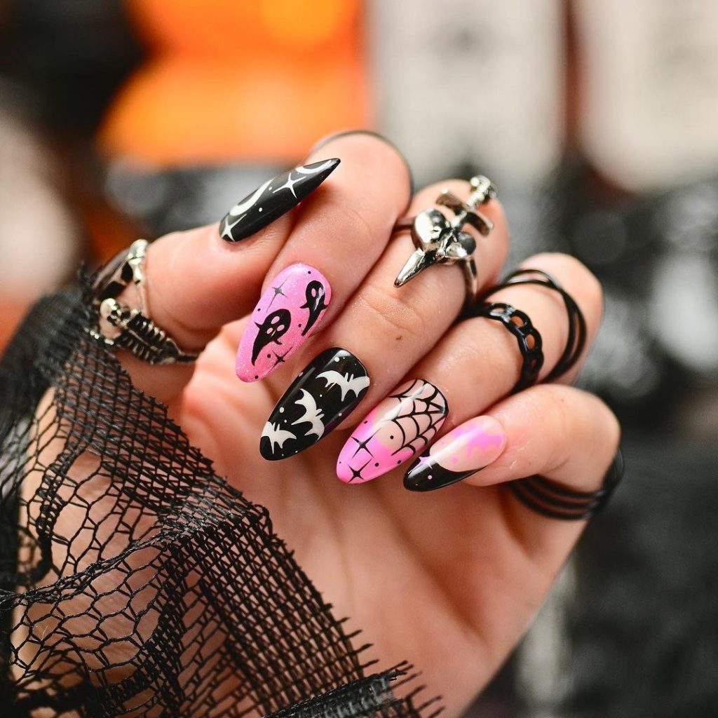 pink and black Halloween nail design ideas