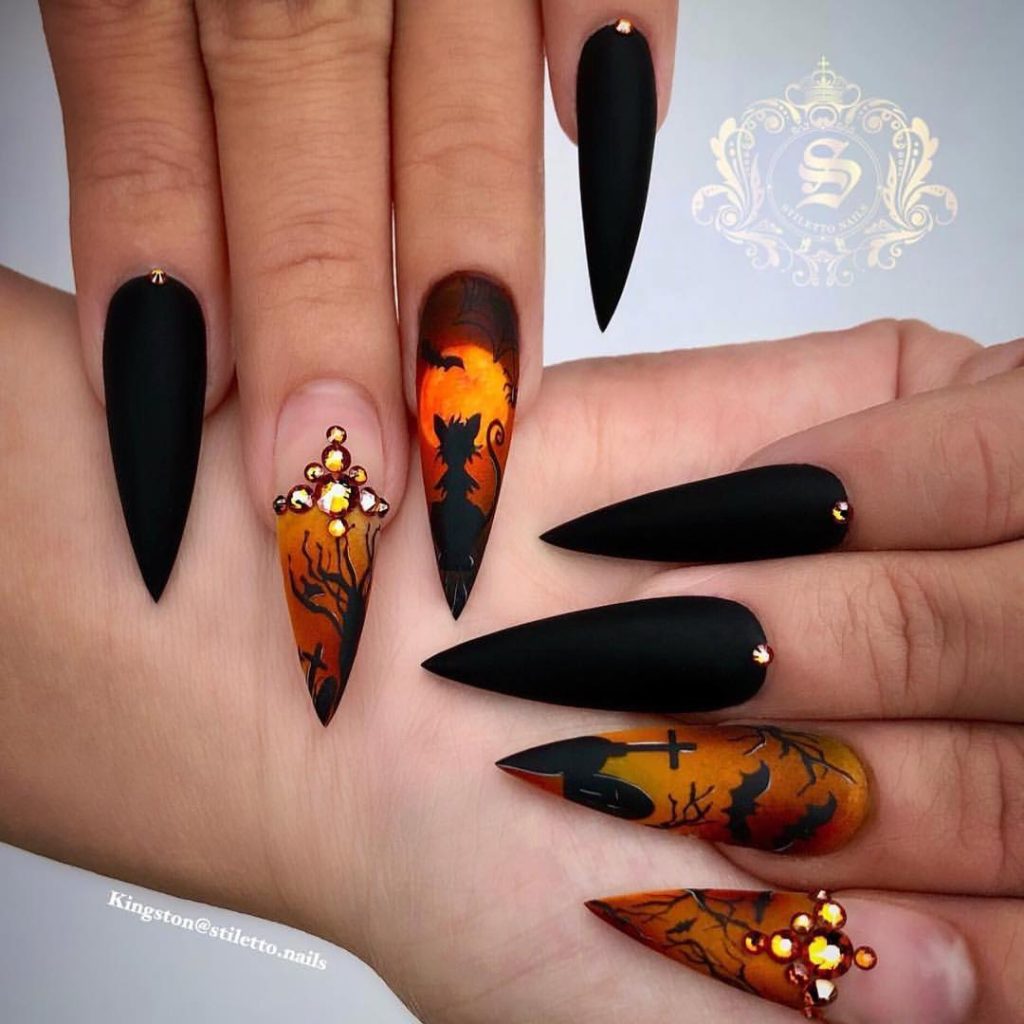 orange and black Halloween nail design ideas