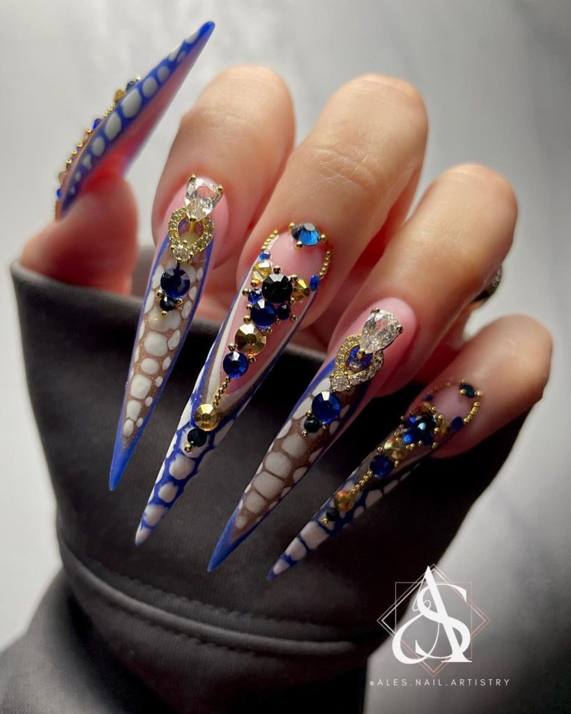 rhinestone snake print nail art