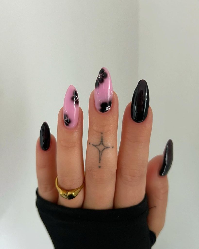 pink and black Halloween nail design ideas