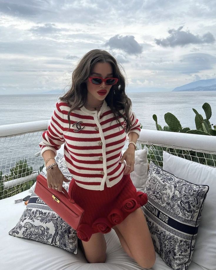 Red and White Knit Outfit with Chanel Pin and Red Accessories