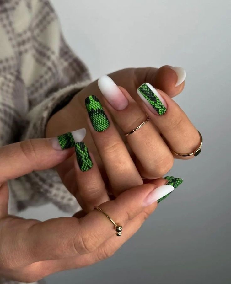 white and green snake print nail art