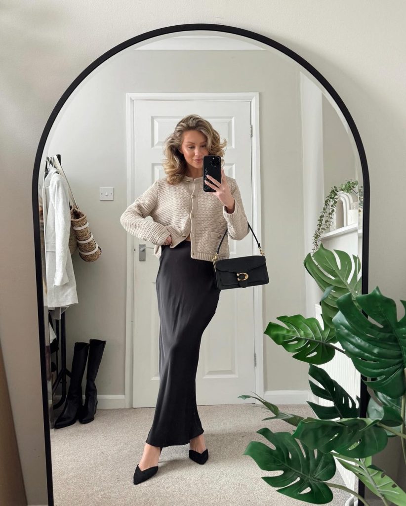 how to style satin skirts with knit tops