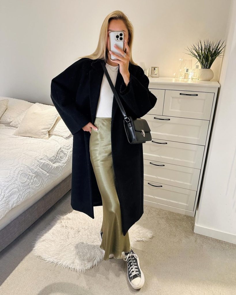 how to style maxi satin skirts with trench coats