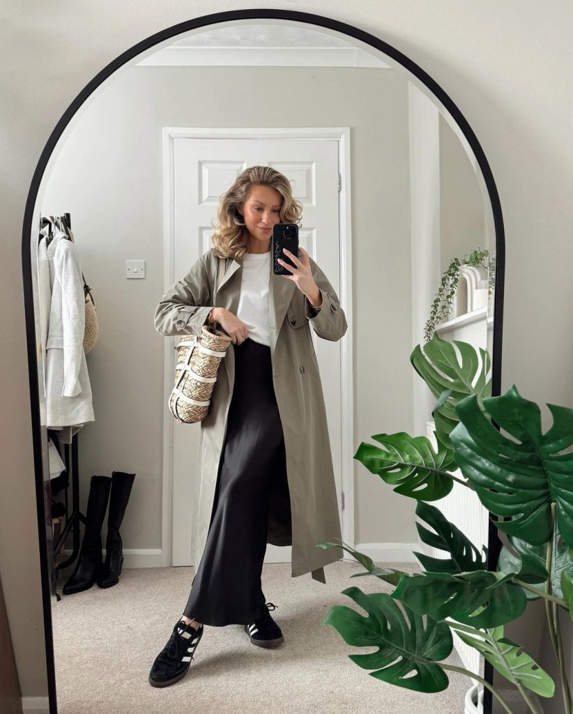 how to style satin skirts with trench coats