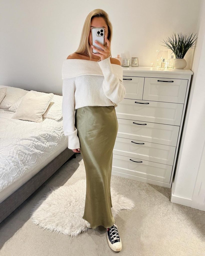how to style satin skirts with off-shoulder tops