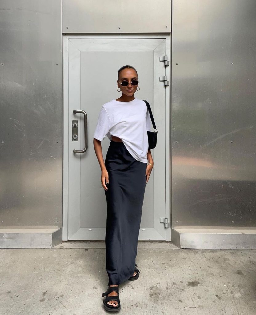 how to style satin skirts with oversized shirt