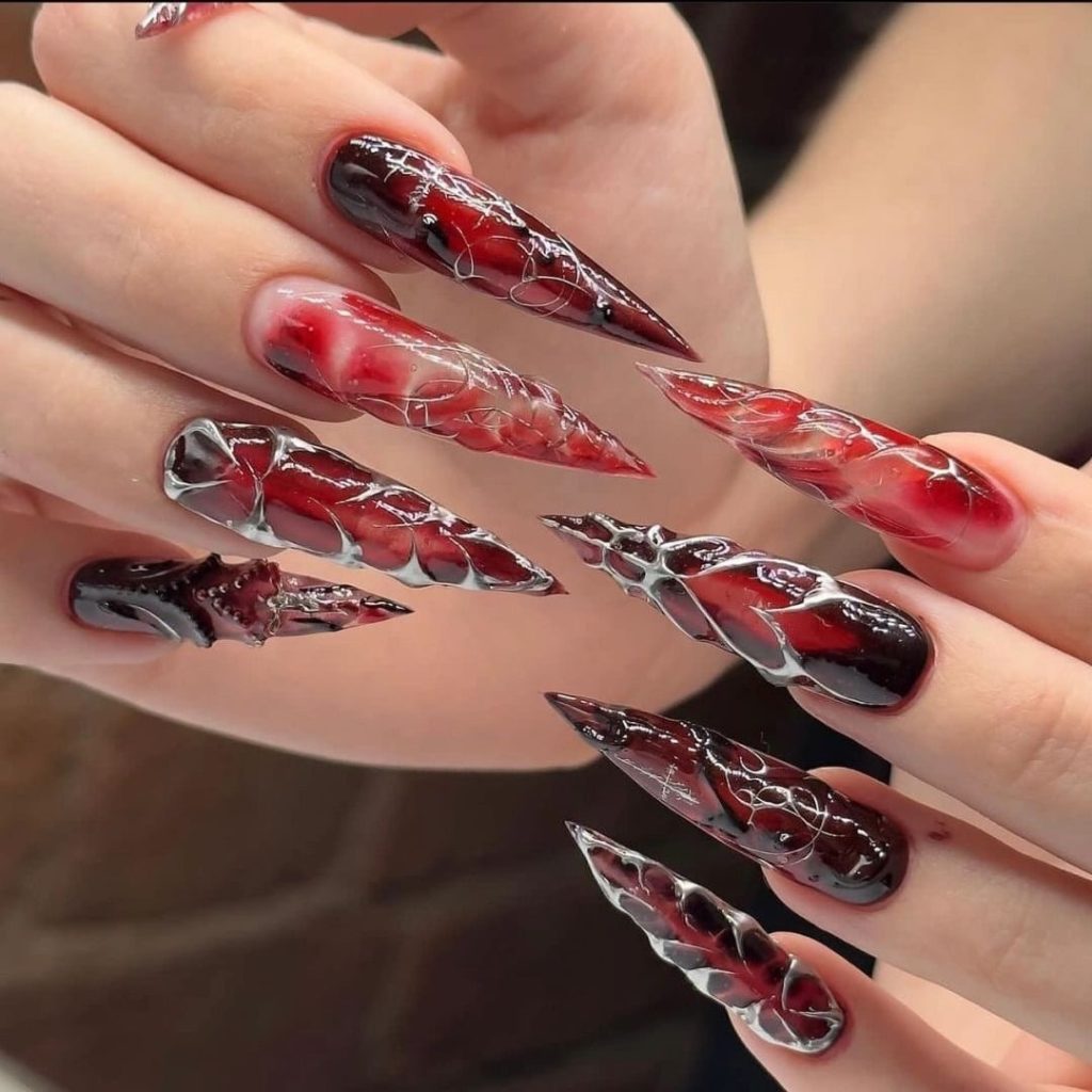 red nails design long