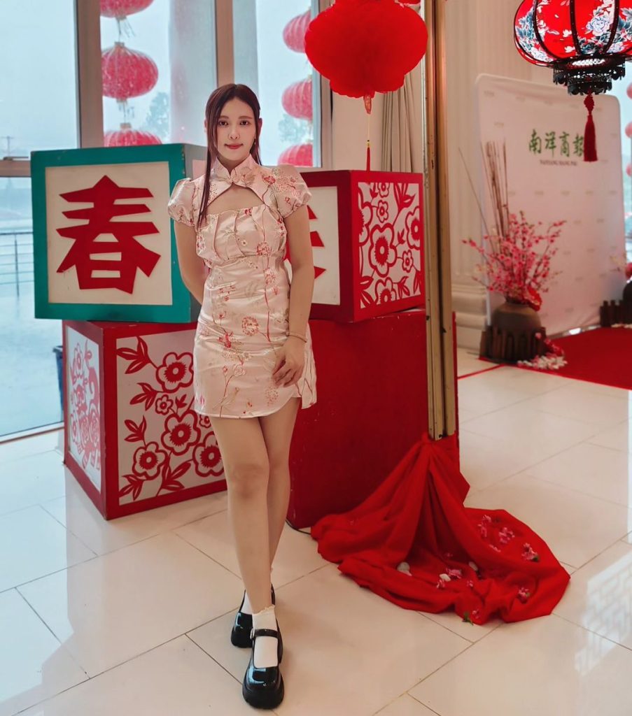 Cheongsam and black loafers