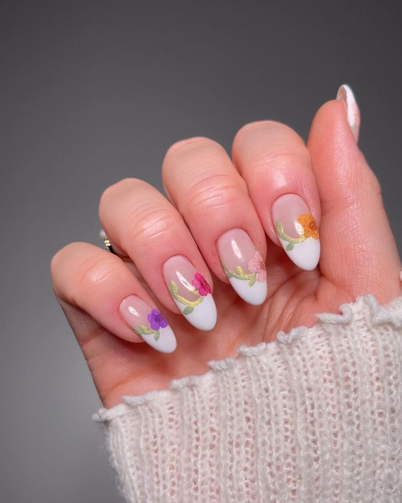 floral neutral nails almond shape