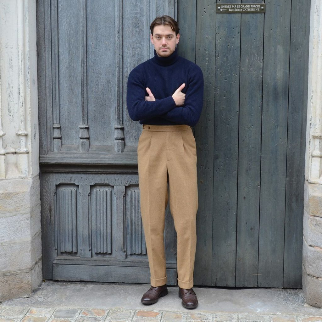 camel-colored pants with brown shoes for men