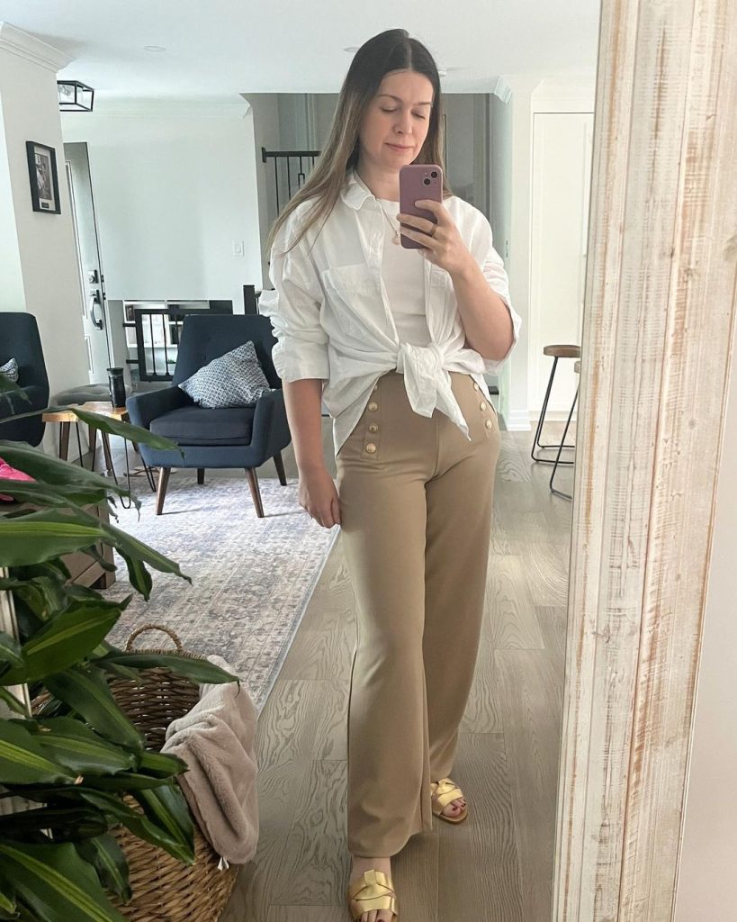 camel-colored pants with gold shoes