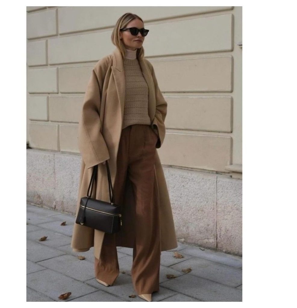 camel-colored pants with nude shoes