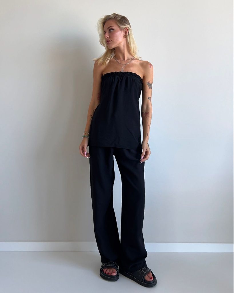 what you can wear with a black linen wide-leg pants