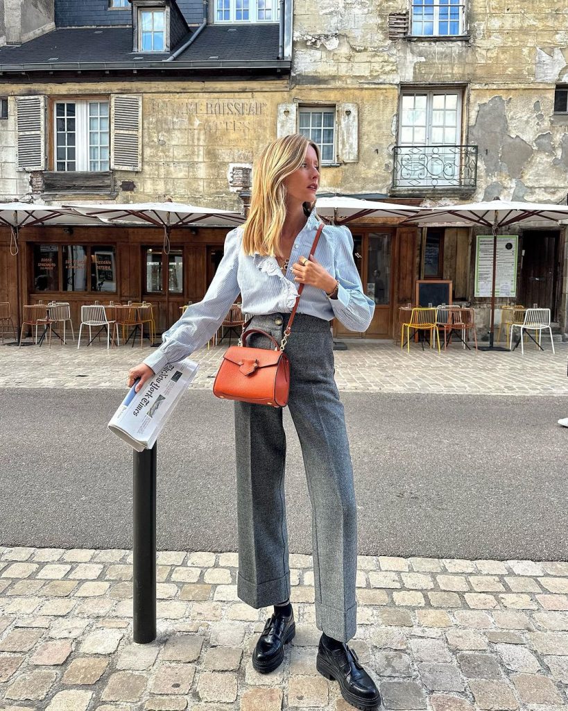 gray pants with stripe shirt