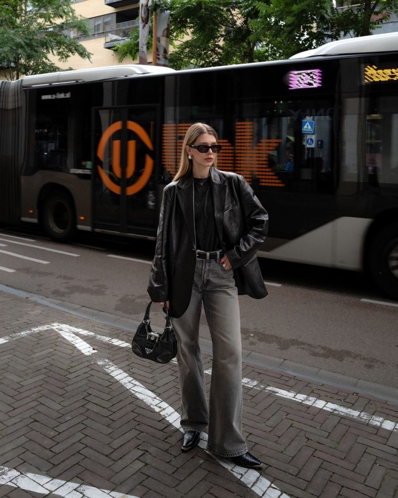 turtle neck top and gray pants