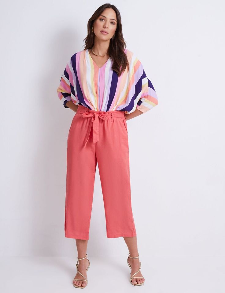 color block shirt and coral cropped pants