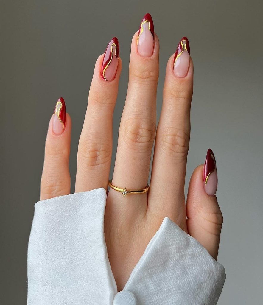 gold and red Winter Nail Design Ideas