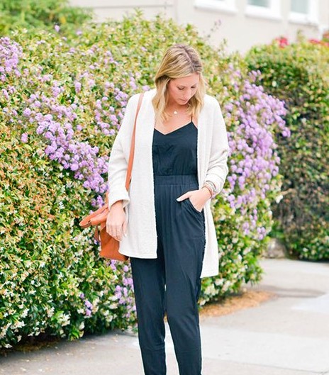 how to style a jumpsuit with cardigan