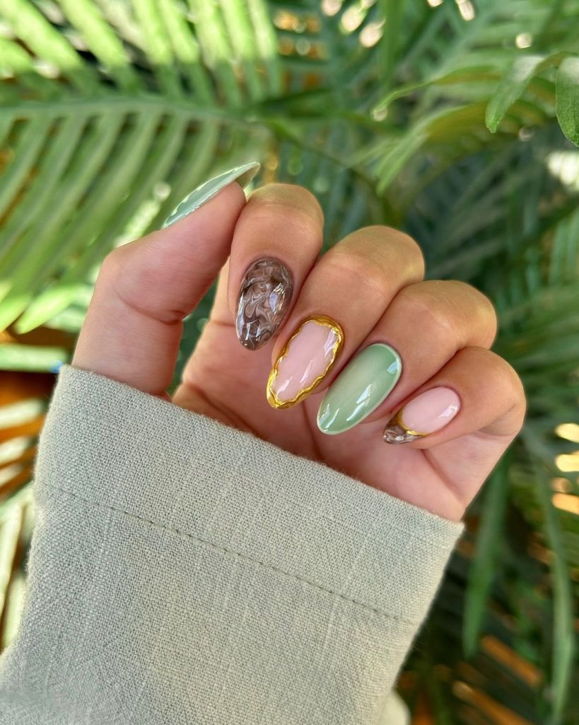 green, brown and gold nails