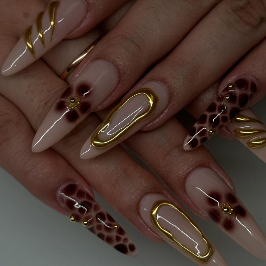 almond brown and gold nails