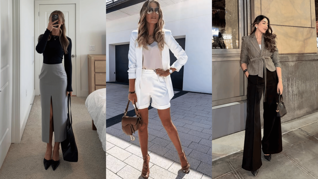 a 3 photo collage photo showing women wearing business casual outfits